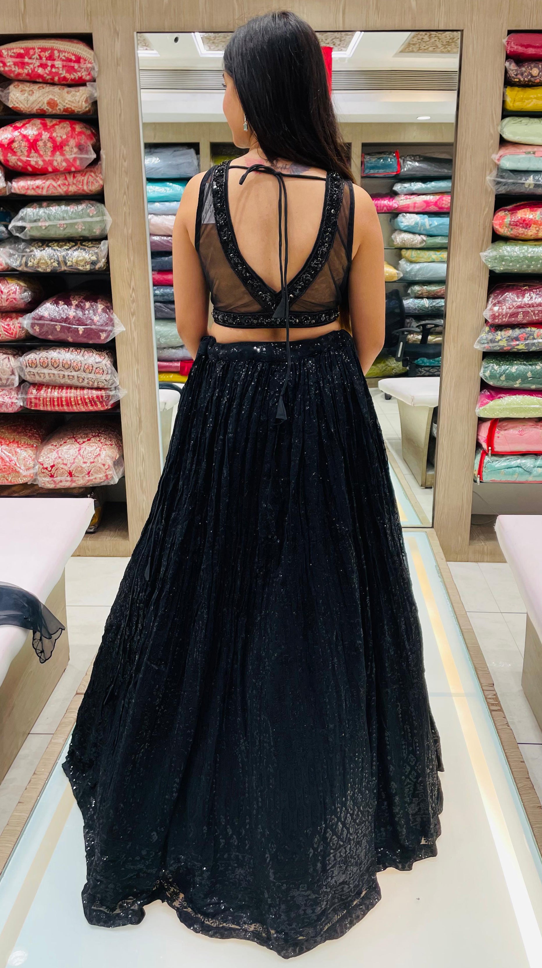 Black Color Net And Organza Thread Sequins Work Lehenga